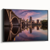 Black and white wall art of the Minneapolis skyline on a framed canvas, ideal for bedroom decor.