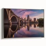 Framed canvas featuring a vintage-style Minneapolis landscape in muted colors, ideal for office decor.