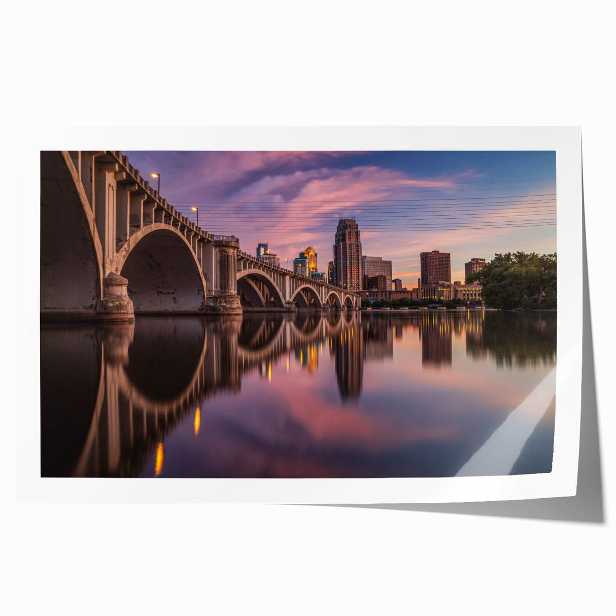 Extra large rolled print of Minneapolis cityscape in muted blue tones, ideal for dining room wall art.