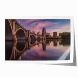 Extra large rolled print of Minneapolis cityscape in muted blue tones, ideal for dining room wall art.