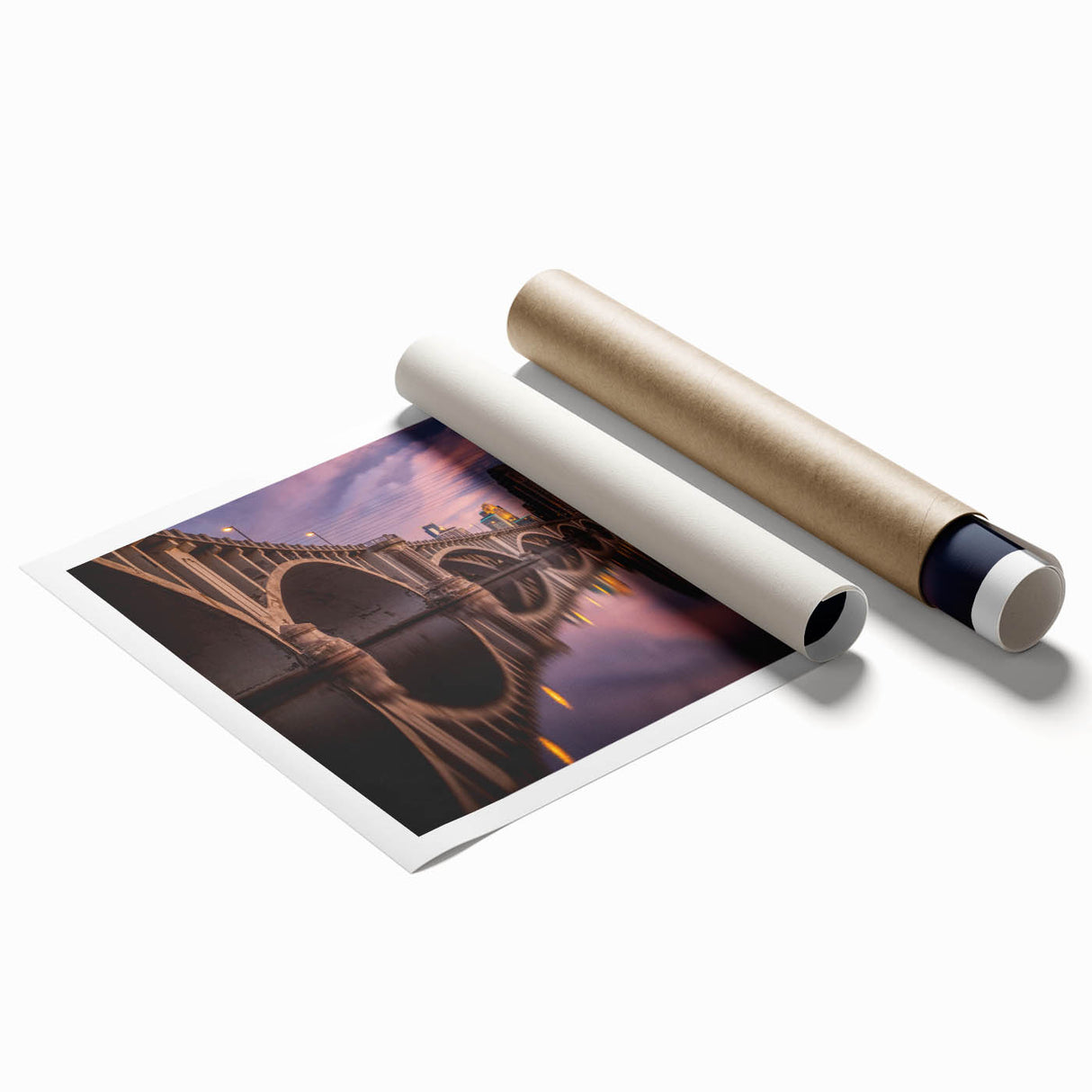 Extra large rolled print of Minneapolis skyline in muted blue tones, ideal for classy bathroom wall art.