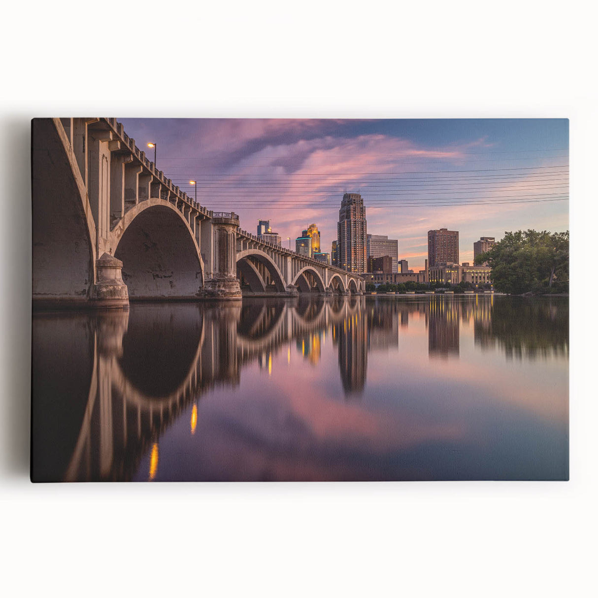 Black and white stretched canvas of Minneapolis skyline, ideal for kitchen wall art.