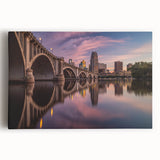 Black and white stretched canvas of Minneapolis skyline, ideal for kitchen wall art.