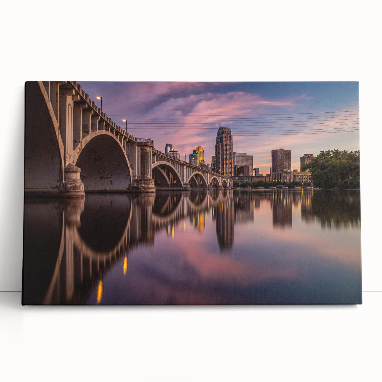 Black and white stretched canvas of Minneapolis skyline, ideal for kitchen wall art or bedroom ambiance.