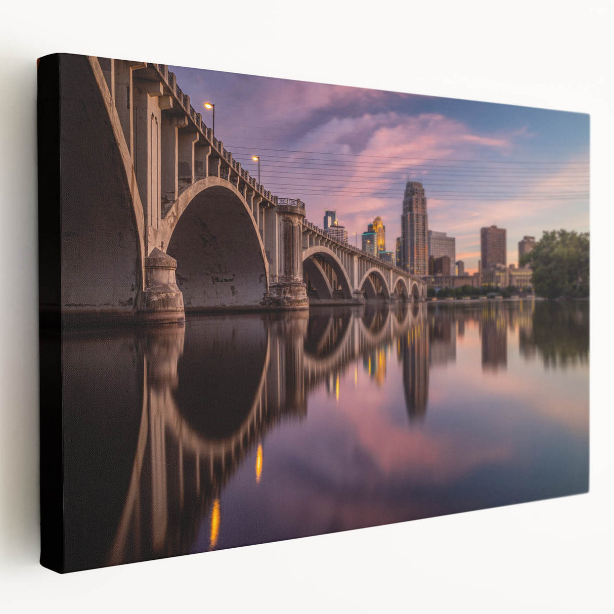 Minneapolis skyline depicted in muted blue and gray tones on a large stretched canvas, suitable for kitchen wall art.
