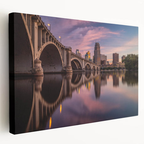 Minneapolis skyline depicted in muted blue and gray tones on a large stretched canvas, suitable for kitchen wall art.