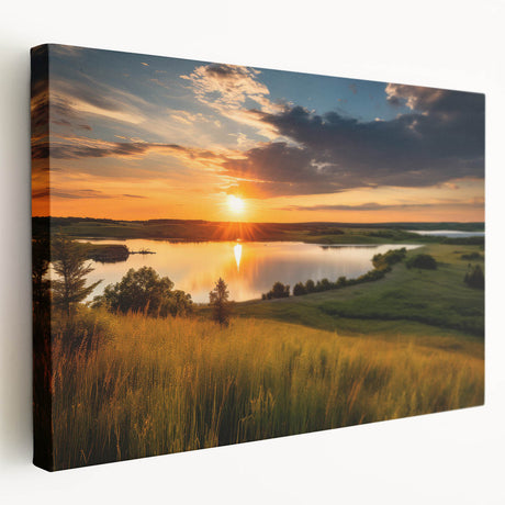 Large canvas print depicting a serene Minnesota landscape in muted green and blue tones, suitable for kitchen wall art.