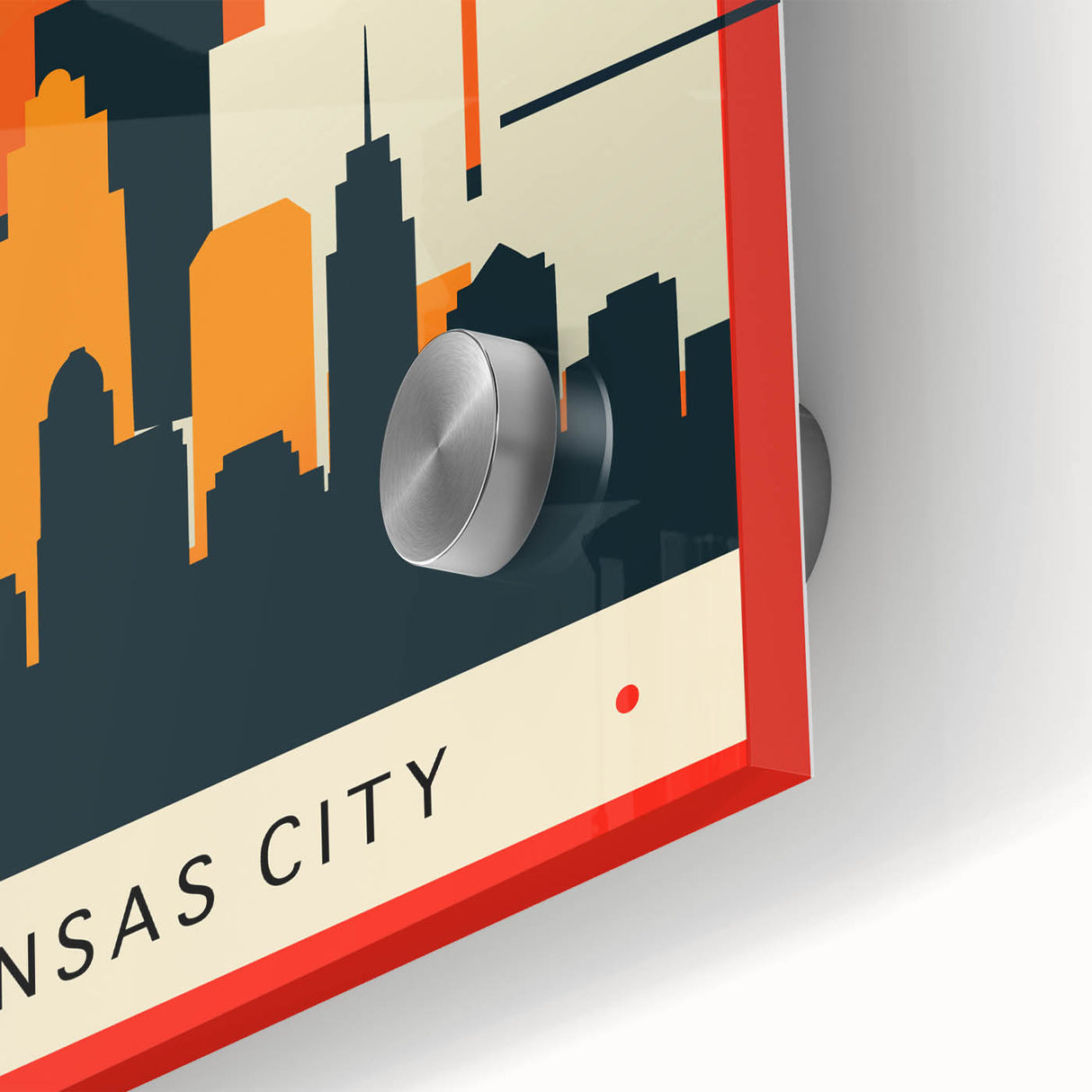 Large abstract wall art of Kansas City skyline in muted blues and grays on acrylic glass, ideal for dining room ambiance.
