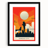 Abstract art print of Kansas City skyline in vibrant colors on textured canvas, ideal for living room decor.