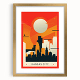 Extra large abstract art print of Kansas City skyline in muted gold and blue tones on a framed canvas.