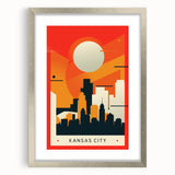 Textured art of Kansas City skyline in muted gray and blue on a framed silver mat, suitable for bedroom decor.