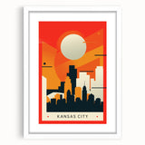 Abstract art print of Kansas City skyline in muted gray and blue tones, framed with a white mat.