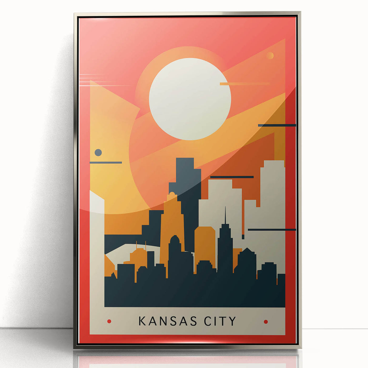 Mid-century modernist art of Kansas City skyline in muted silver and blue tones on a framed acrylic print.