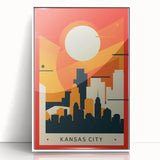 Art Deco poster of Kansas City skyline in muted blue and white tones, acrylic framed, suitable for modern art wall decor.