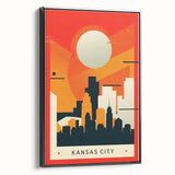 Black and white framed canvas of Kansas City landscape, ideal for bedroom wall art.