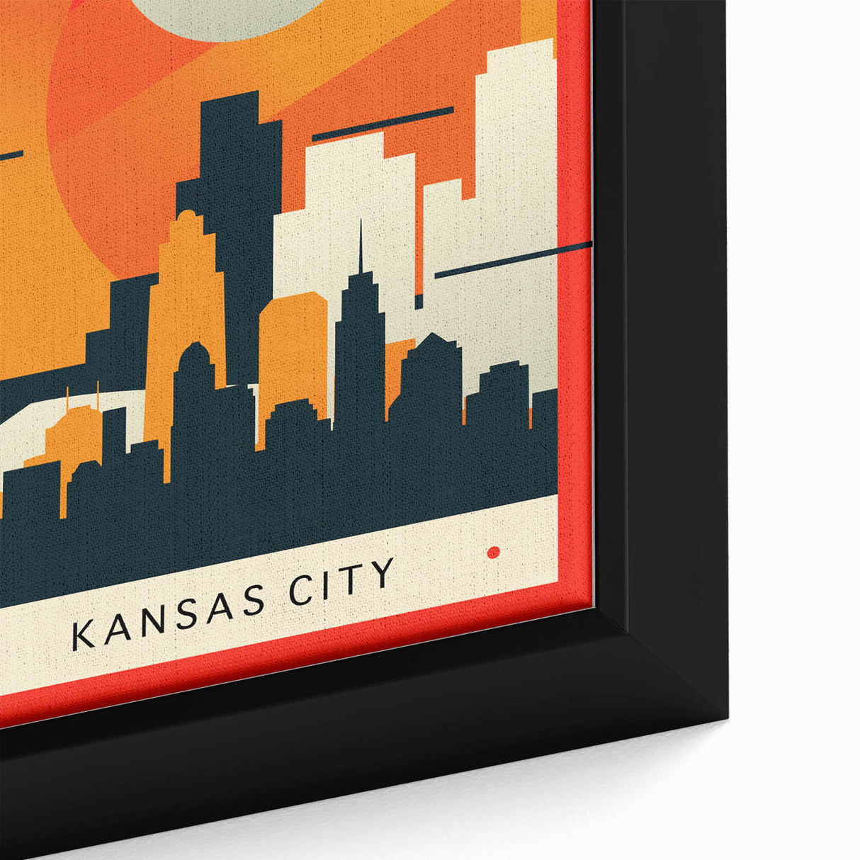 Extra large framed canvas of Kansas City skyline in black with colorful, textured details, ideal for living room decor.