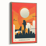 Framed canvas wall art featuring a vintage-style landscape of Kansas City in muted gold and black tones.