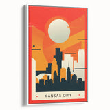 Vintage poster art of Kansas City with colorful accents on a large framed canvas, ideal for living room decor.