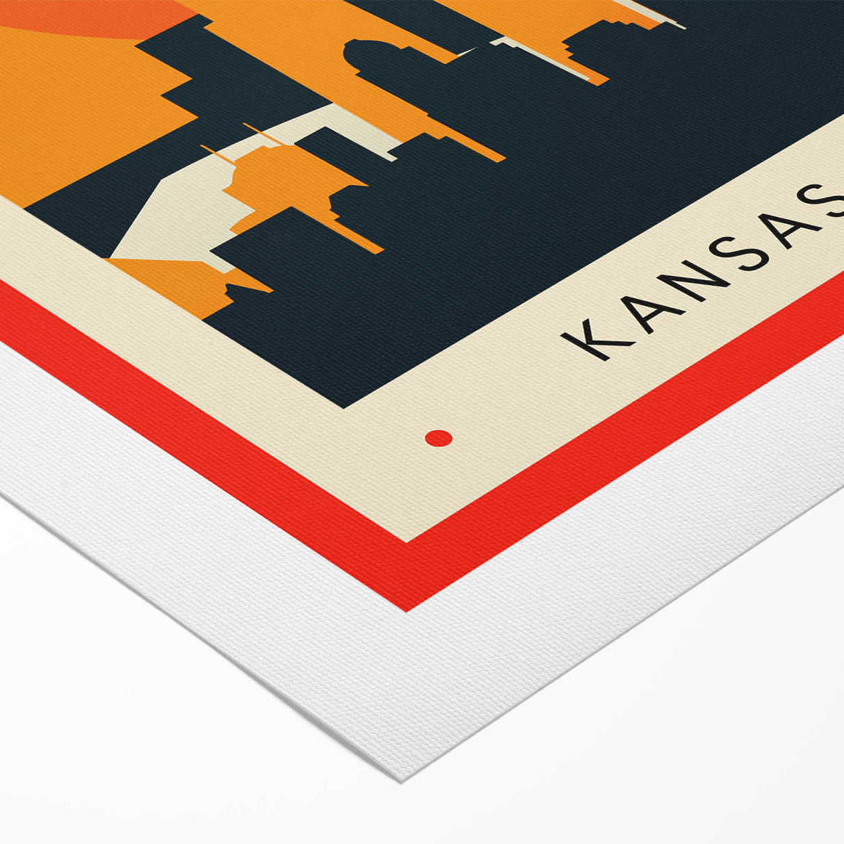 Art deco poster of Kansas City skyline in muted blue and gray tones on rolled canvas, suitable for dining room wall art.