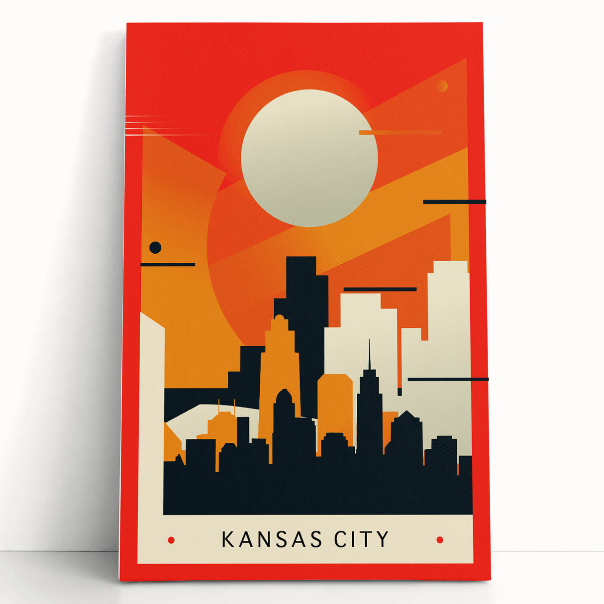 Black and white panoramic print of Kansas City skyline on stretched canvas, suitable as kitchen wall art.