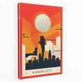 Kansas City skyline depicted in muted gray tones on a large stretched canvas, suitable for kitchen wall art.