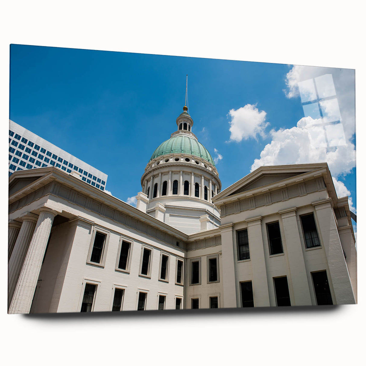 Acrylic print of the St. Louis skyline in muted blues and grays, ideal for bedroom or dining room art.