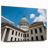 Acrylic print of the St. Louis skyline in muted blues and grays, ideal for bedroom or dining room art.