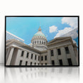 Large abstract wall art of St. Louis skyline in black and white on a framed acrylic, ideal for modern living room decor.