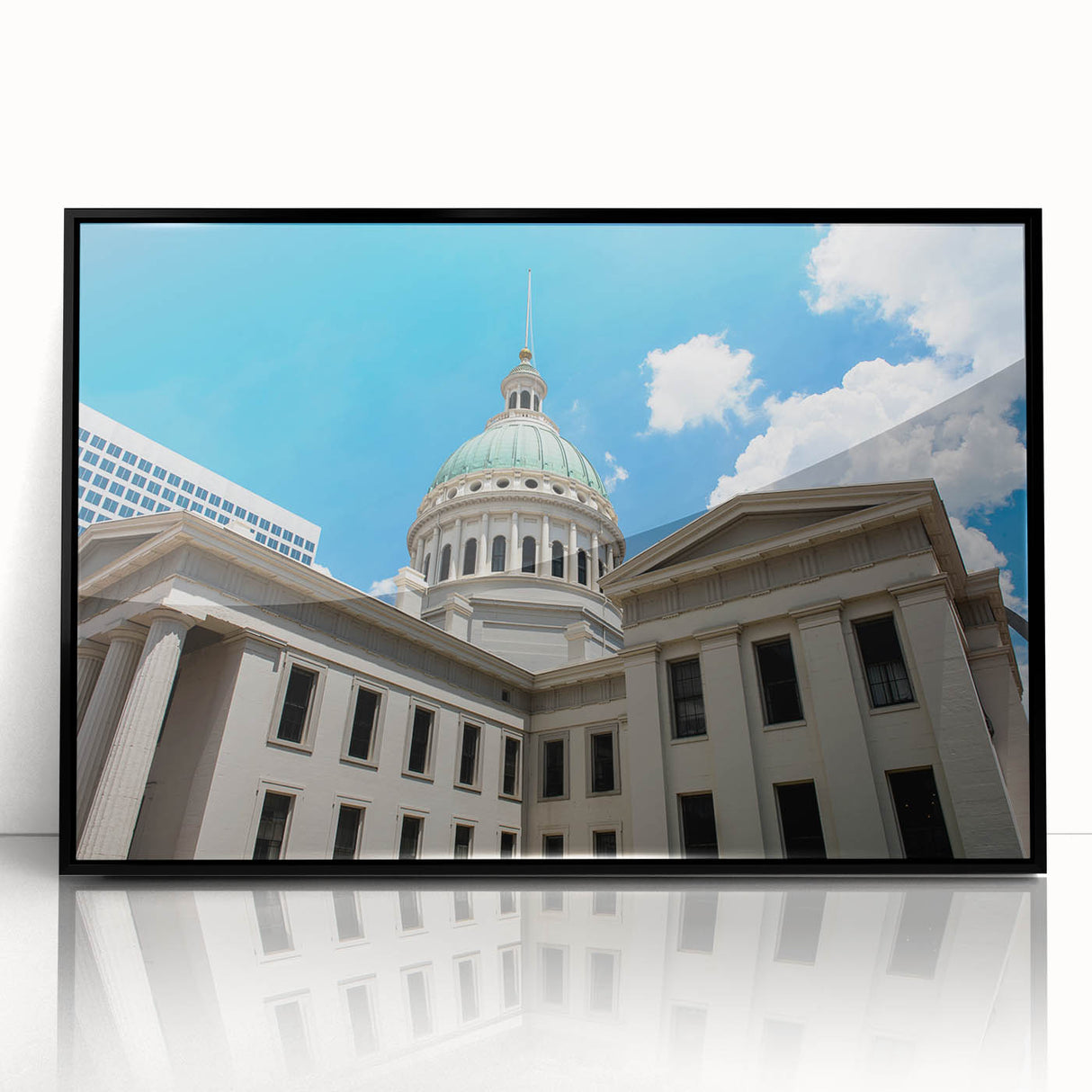 Large abstract wall art of St. Louis skyline in black and white on a framed acrylic, ideal for modern living room decor.