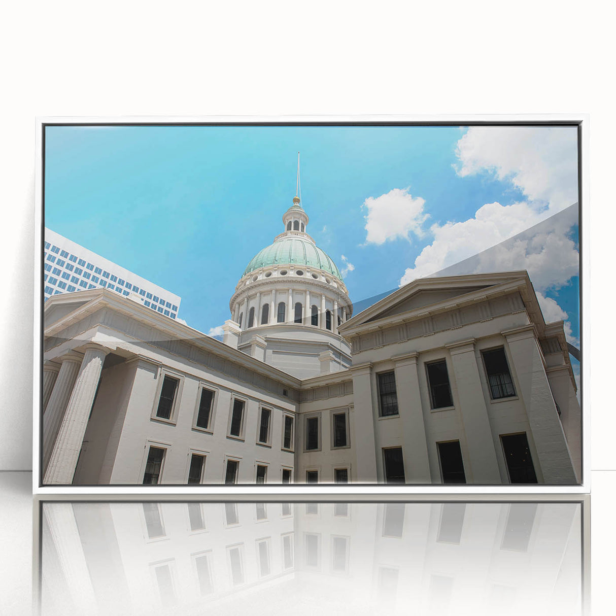 Art deco poster of St. Louis skyline in muted gray tones on framed acrylic, suitable for modern nursery wall art.