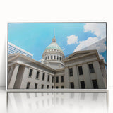 Art deco poster of St. Louis skyline in muted gray tones on framed acrylic, suitable for modern nursery wall art.
