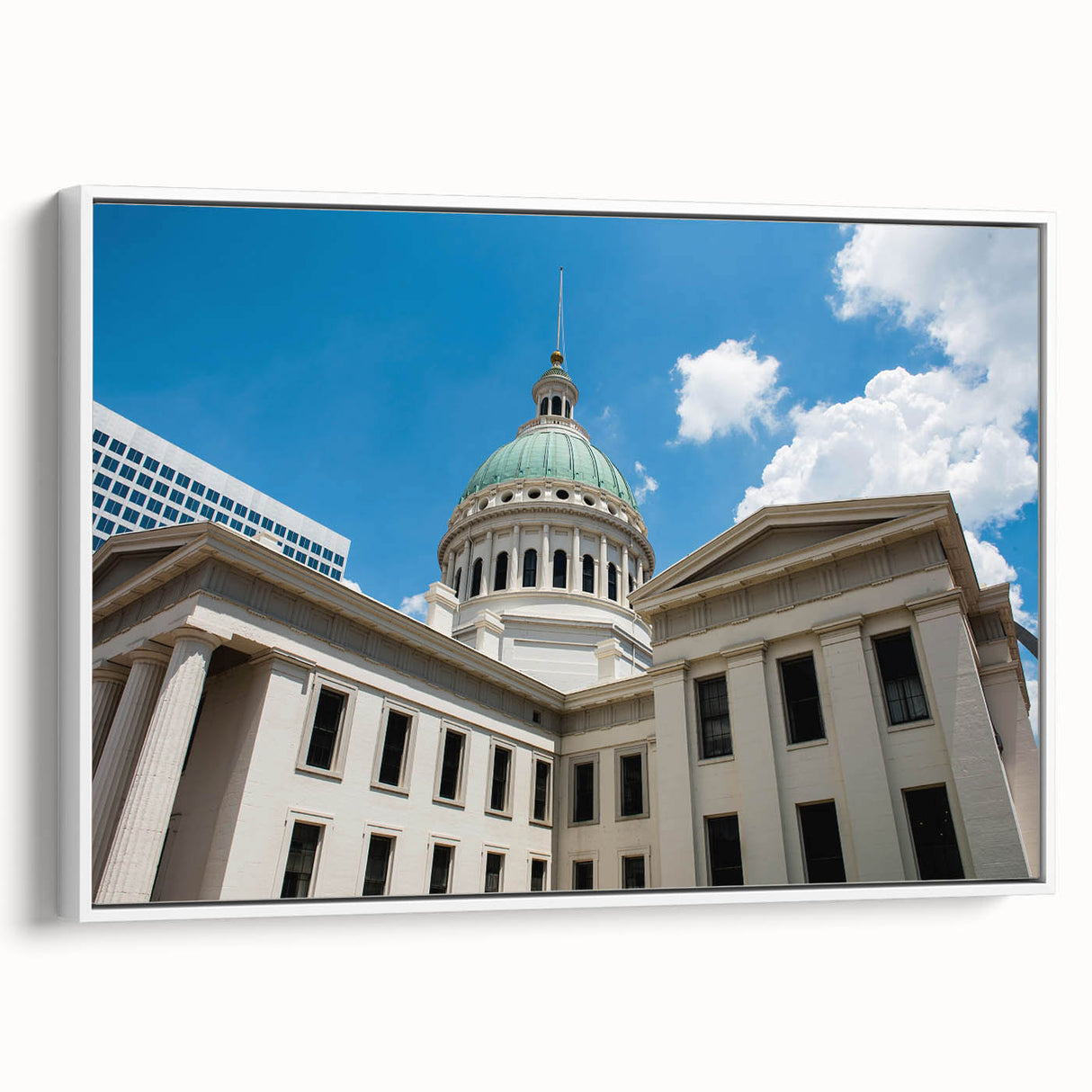 Vintage poster art of St. Louis skyline in colorful hues on extra large framed canvas, ideal for living room decor.