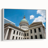 Vintage poster art of St. Louis skyline in colorful hues on extra large framed canvas, ideal for living room decor.