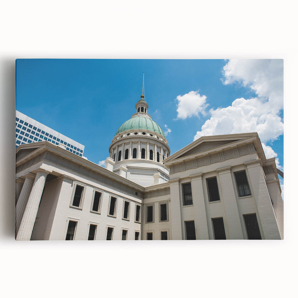Black and white stretched canvas of St. Louis skyline, ideal for kitchen wall art.