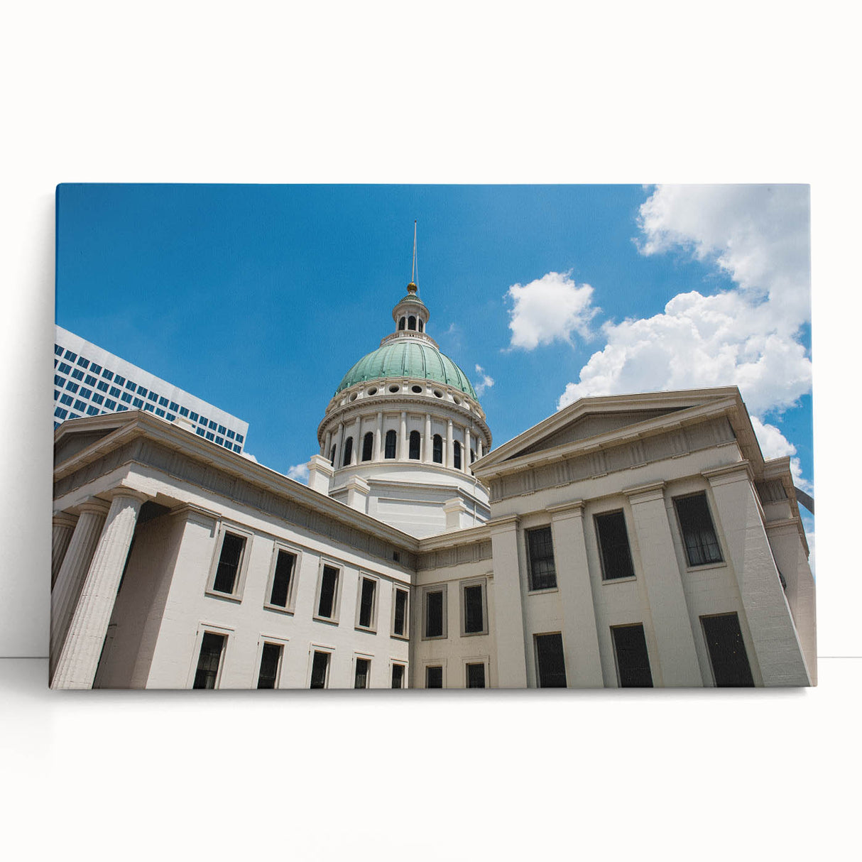 Black and white stretched canvas of St. Louis skyline, ideal for kitchen wall art or bedroom decor.