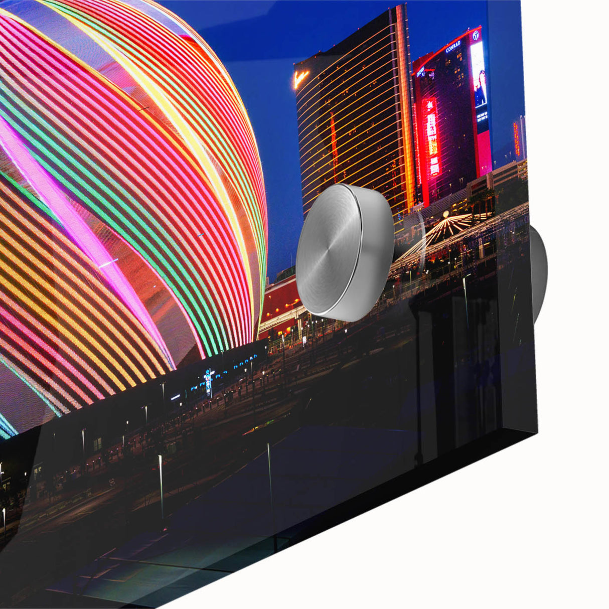 Large abstract depiction of Las Vegas on acrylic glass, in vibrant, colorful tones, ideal for dining room art.