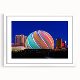 Abstract art print of Las Vegas skyline in muted gray and blue tones on a framed poster, ideal for dining room decor.