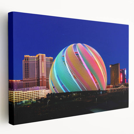 Large canvas print of the Las Vegas skyline in vibrant night colors, suitable for kitchen wall art.