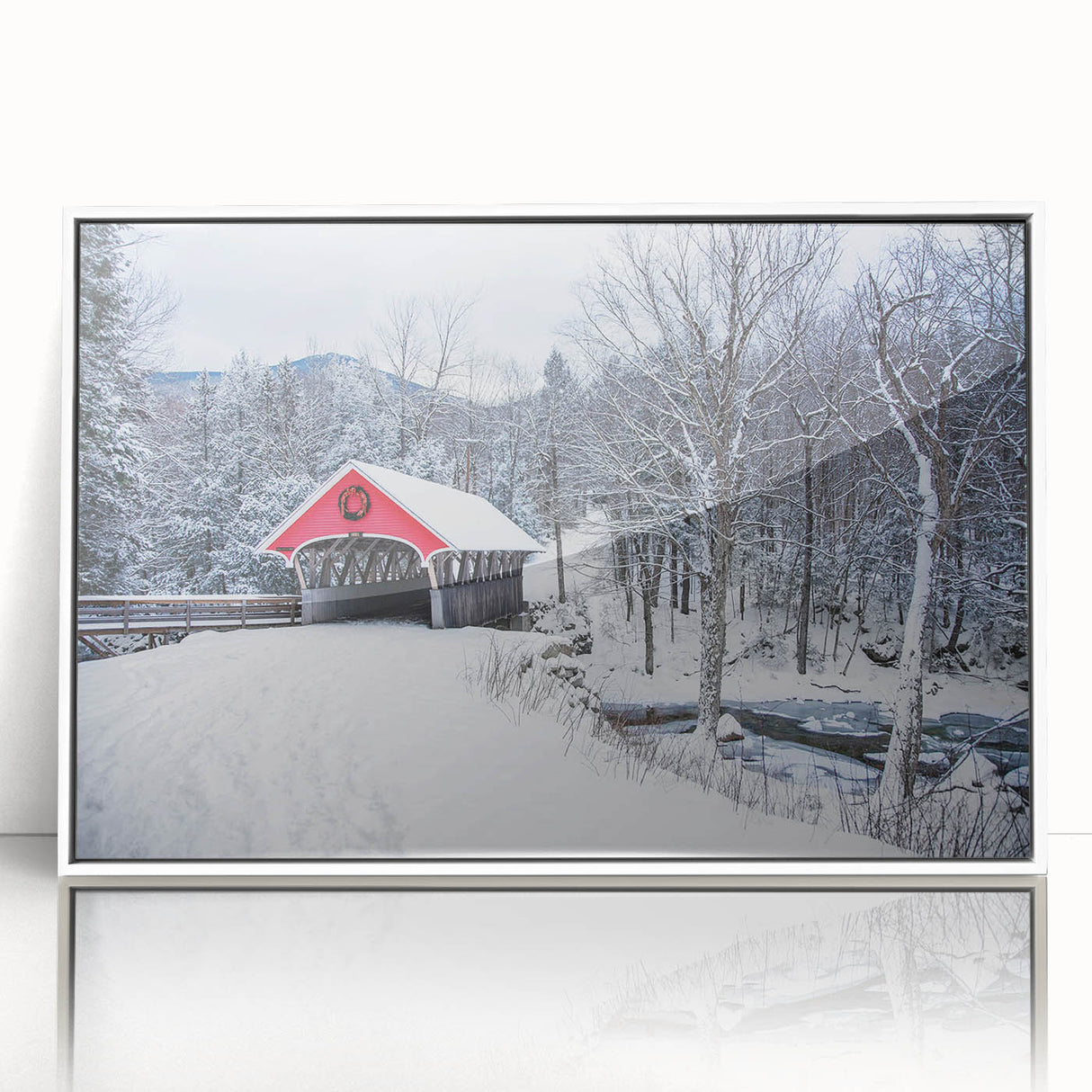 Art deco poster of a serene New Hampshire landscape in muted greens and blues, framed acrylic, ideal for nursery wall decor.