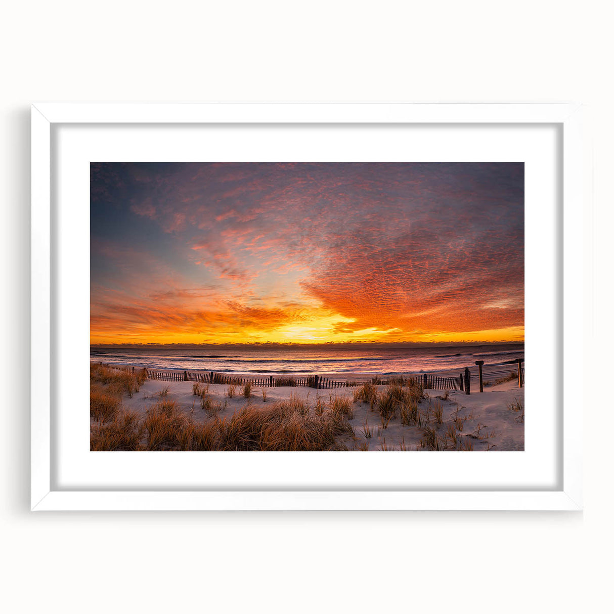 Abstract art print of New Jersey scenery in muted earth tones on a framed white mat, suitable for dining room decor.