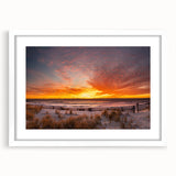 Abstract art print of New Jersey scenery in muted earth tones on a framed white mat, suitable for dining room decor.