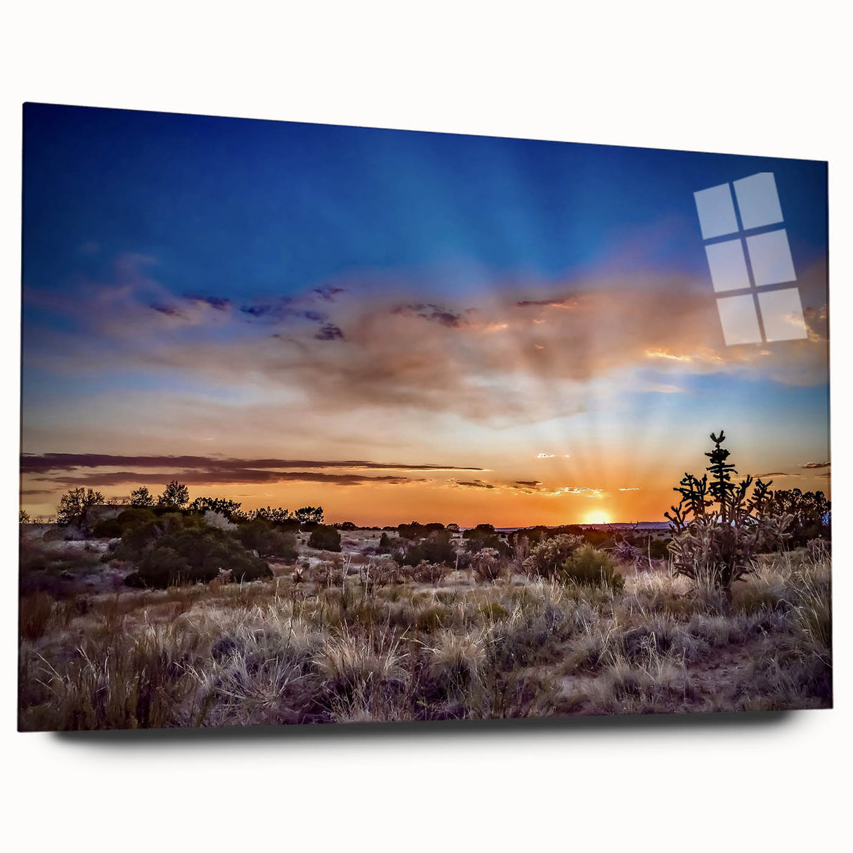 Large abstract wall art featuring a New Mexico scenery in muted earth tones on acrylic glass.
