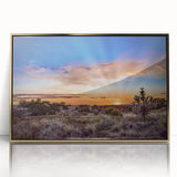 Large art print of New Mexico scenery in mid-century modernist style, framed in gold acrylic.