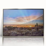 Mid-century modernist art depicting New Mexico scenery in muted earth tones on a silver-framed acrylic print.