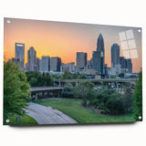 Acrylic print of Charlotte, North Carolina skyline in muted gray and blue tones, ideal for dining room art.