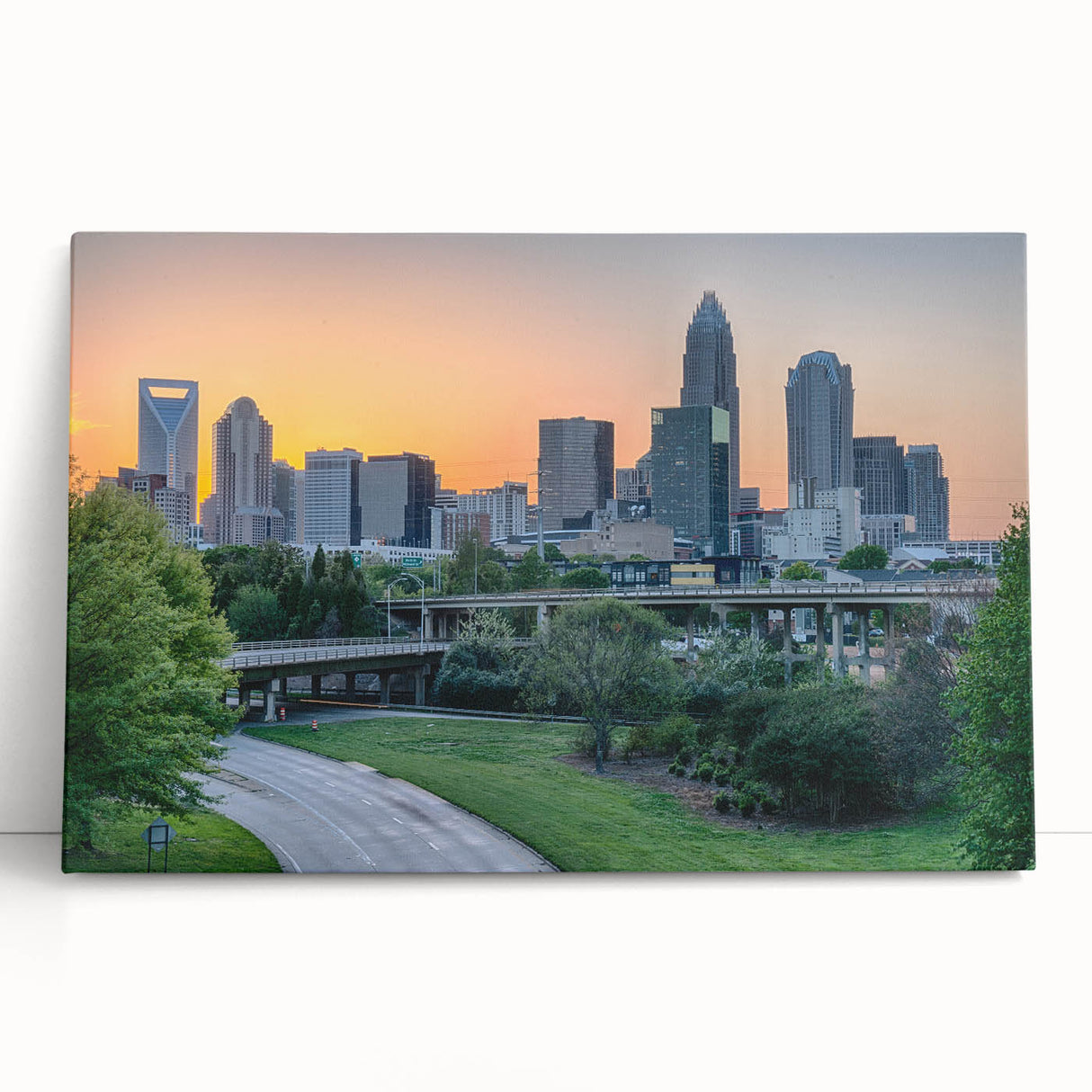Black and white panoramic view of Charlotte skyline on large stretched canvas, suitable for kitchen wall art.