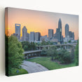 Charlotte skyline on large stretched canvas in muted blue and gray tones, ideal for kitchen wall art.