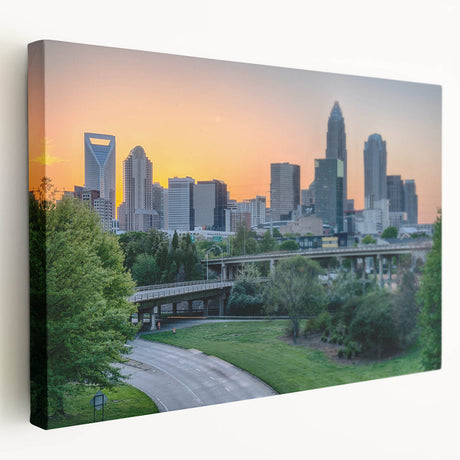 Charlotte skyline on large stretched canvas in muted blue and gray tones, ideal for kitchen wall art.