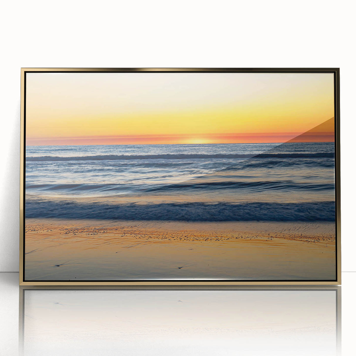 Acrylic print of Outer Banks, North Carolina scenery in gold frame, featuring mid-century modernist style.