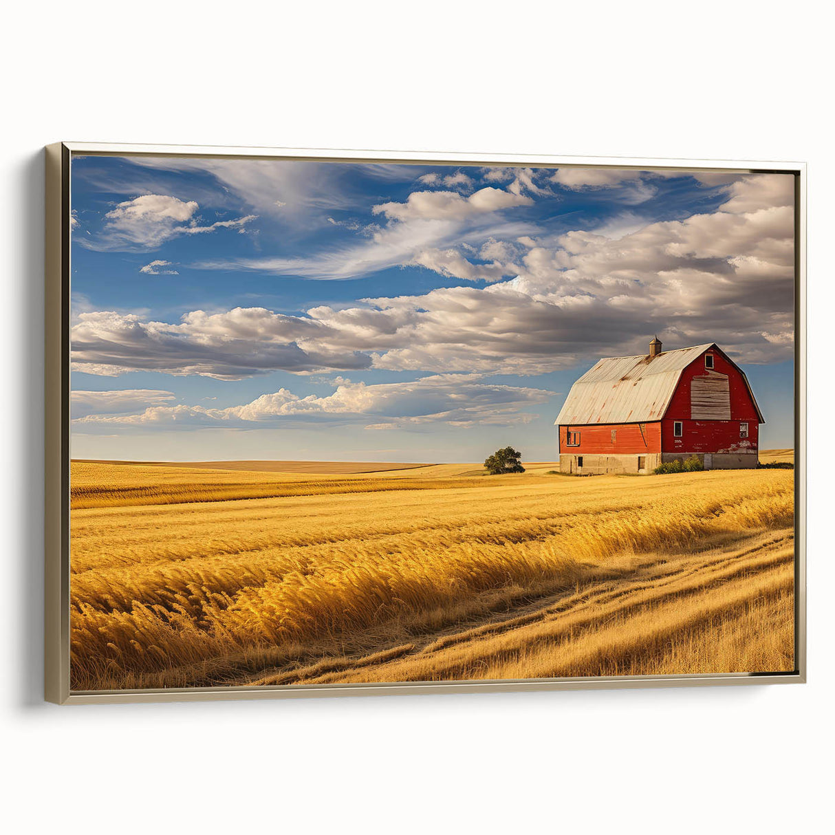 Framed canvas wall art featuring a vintage-style North Dakota landscape in black and gold tones, ideal for bedroom decor.